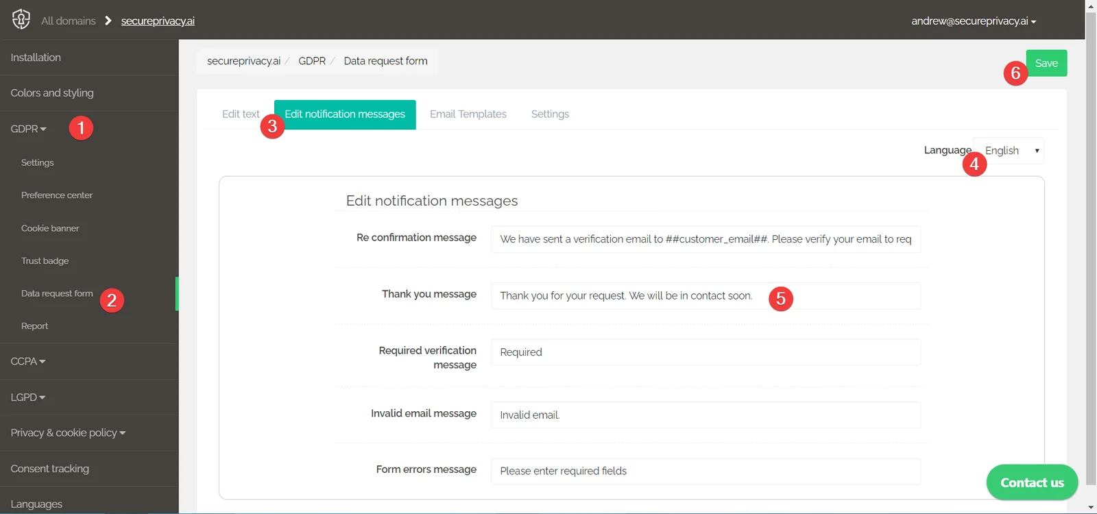 Secure Privacy Data Request Form Edit notification messages section showing editable message fields with language selector and Save button