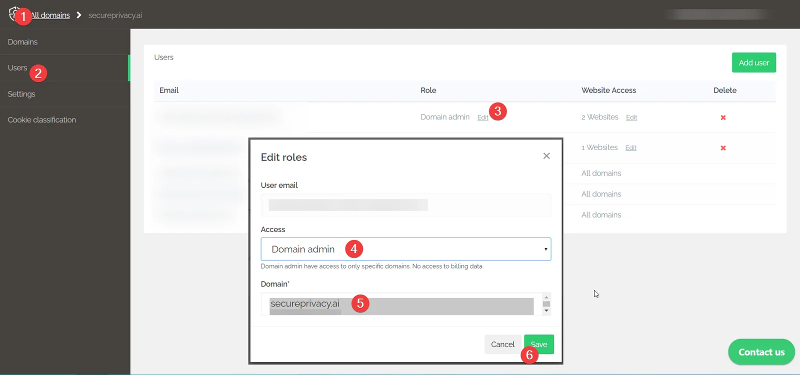 Secure Privacy Users page showing the Edit Role modal with Access dropdown for changing a team member's user role