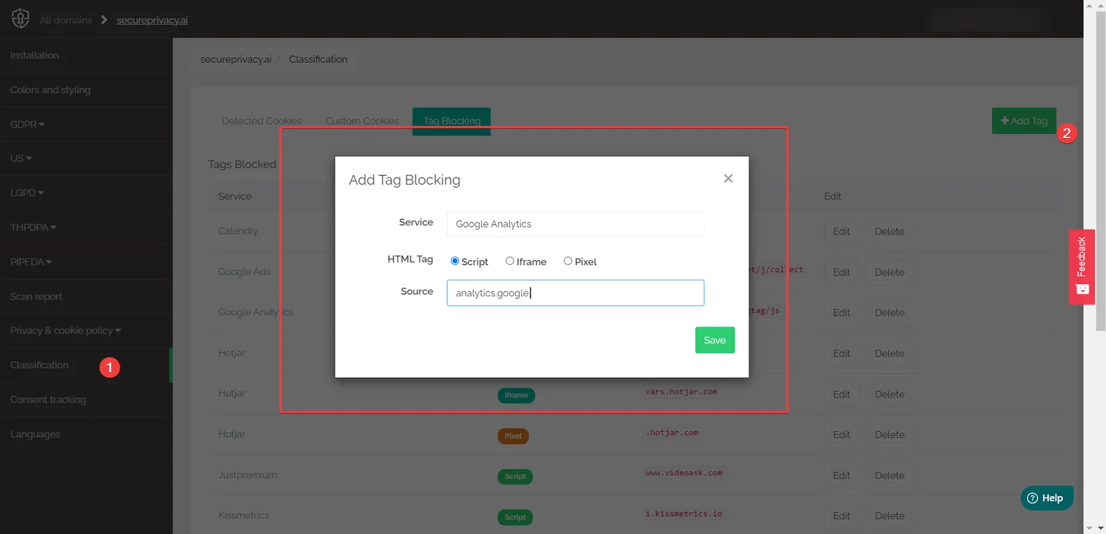 Secure Privacy Add Tag Blocking form showing fields for selecting type (Script, Iframe, Pixel) and entering the source URL to block