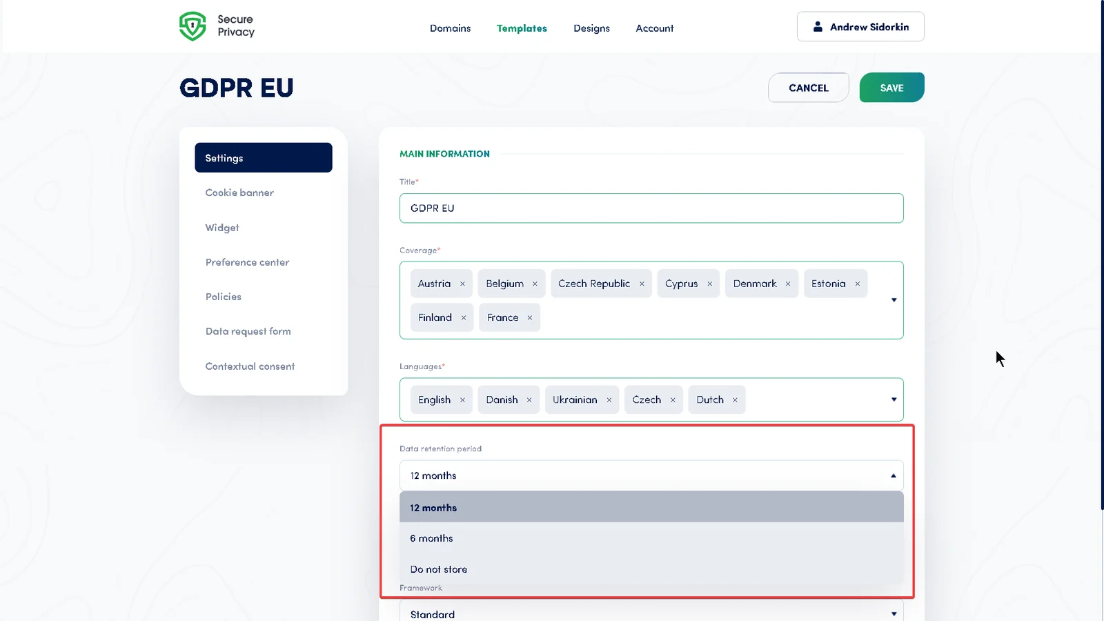 Secure Privacy data retention period options: 12 months, 6 months, and Do Not Store