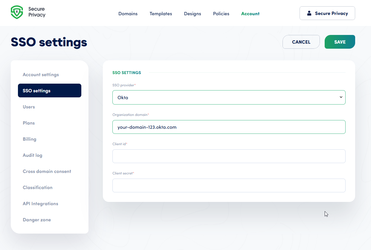 Pasting the Okta organization domain into the Secure Privacy SSO configuration field