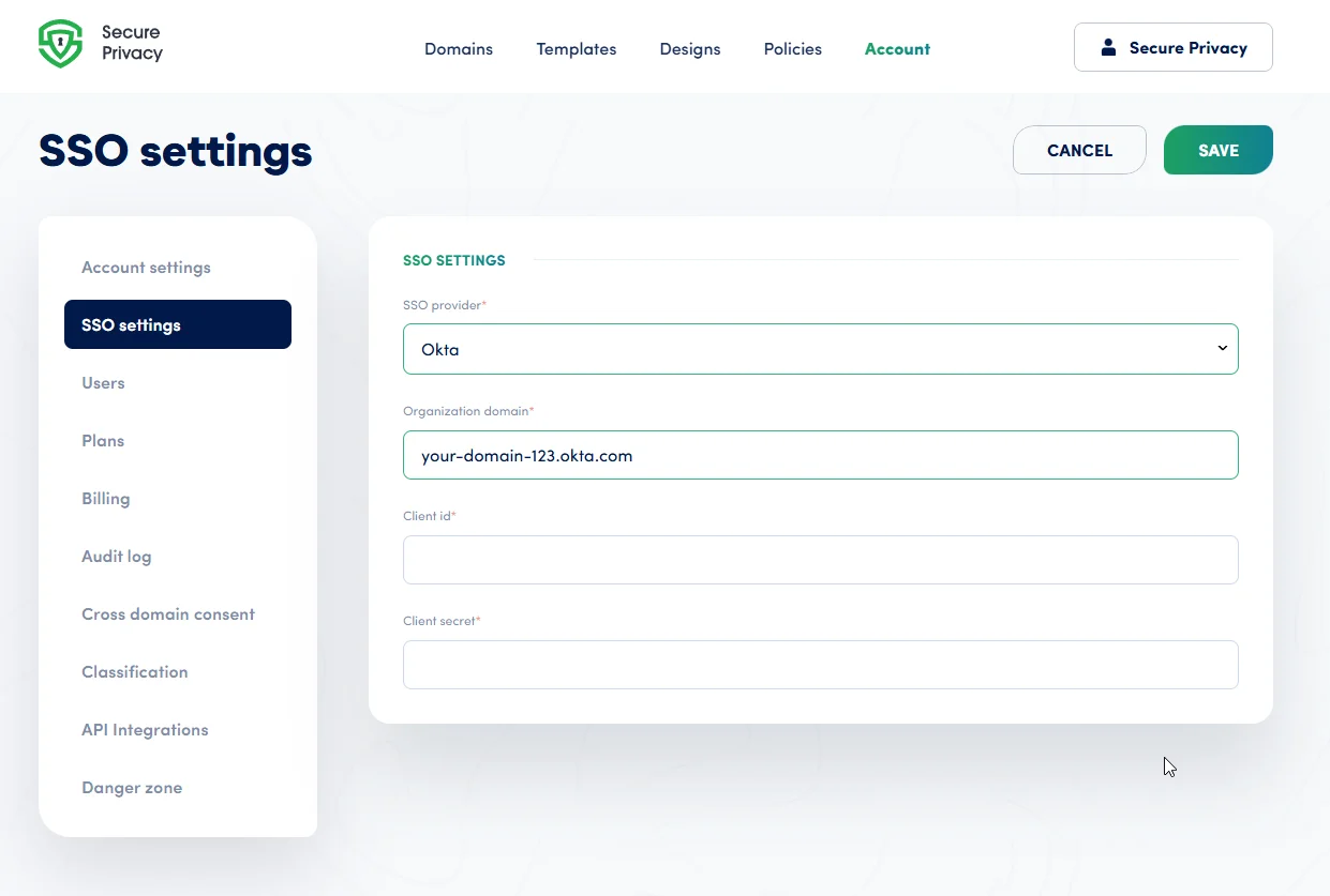 Pasting the Okta organization domain into the Secure Privacy SSO configuration field