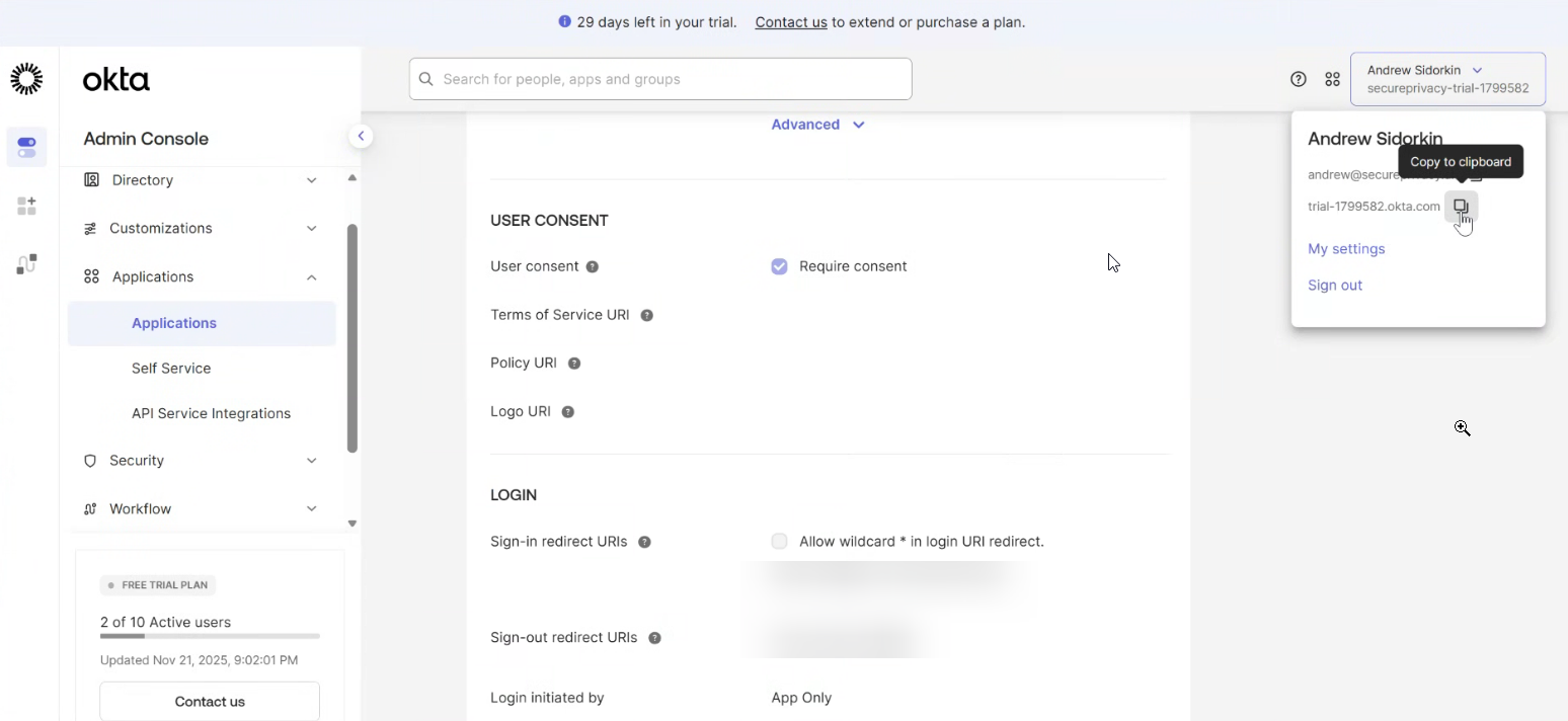 Finding your Okta organization domain in the Okta admin header dropdown