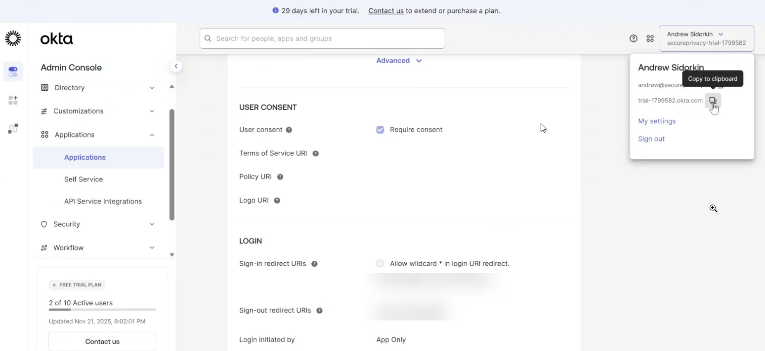Finding your Okta organization domain in the Okta admin header dropdown
