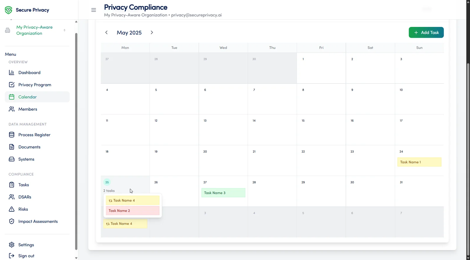 Secure Privacy Governance Solution Calendar module showing monthly compliance deadline and task view