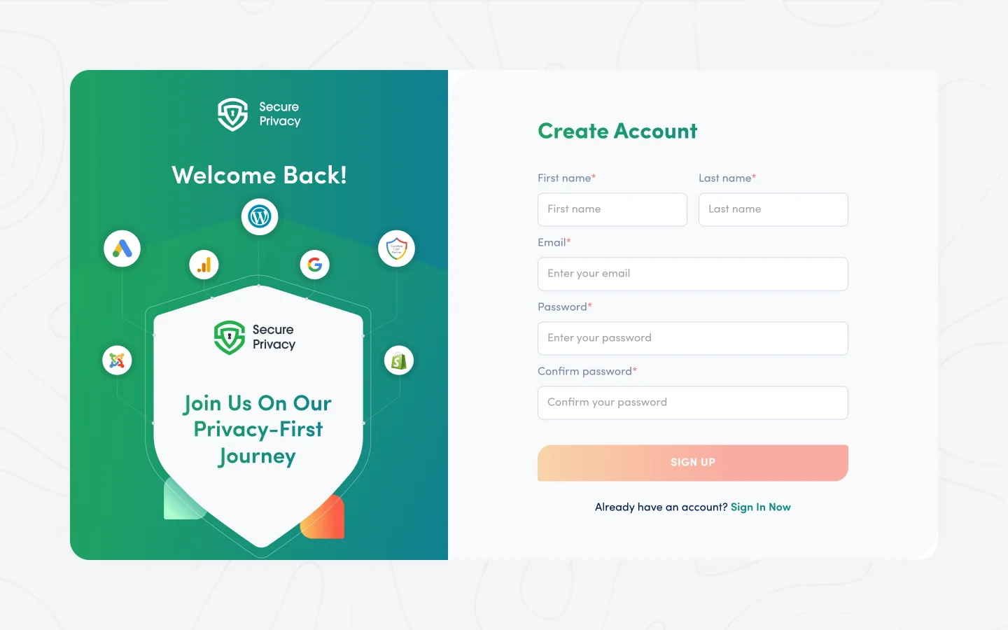 Secure Privacy new account registration form in the WordPress or Shopify plugin