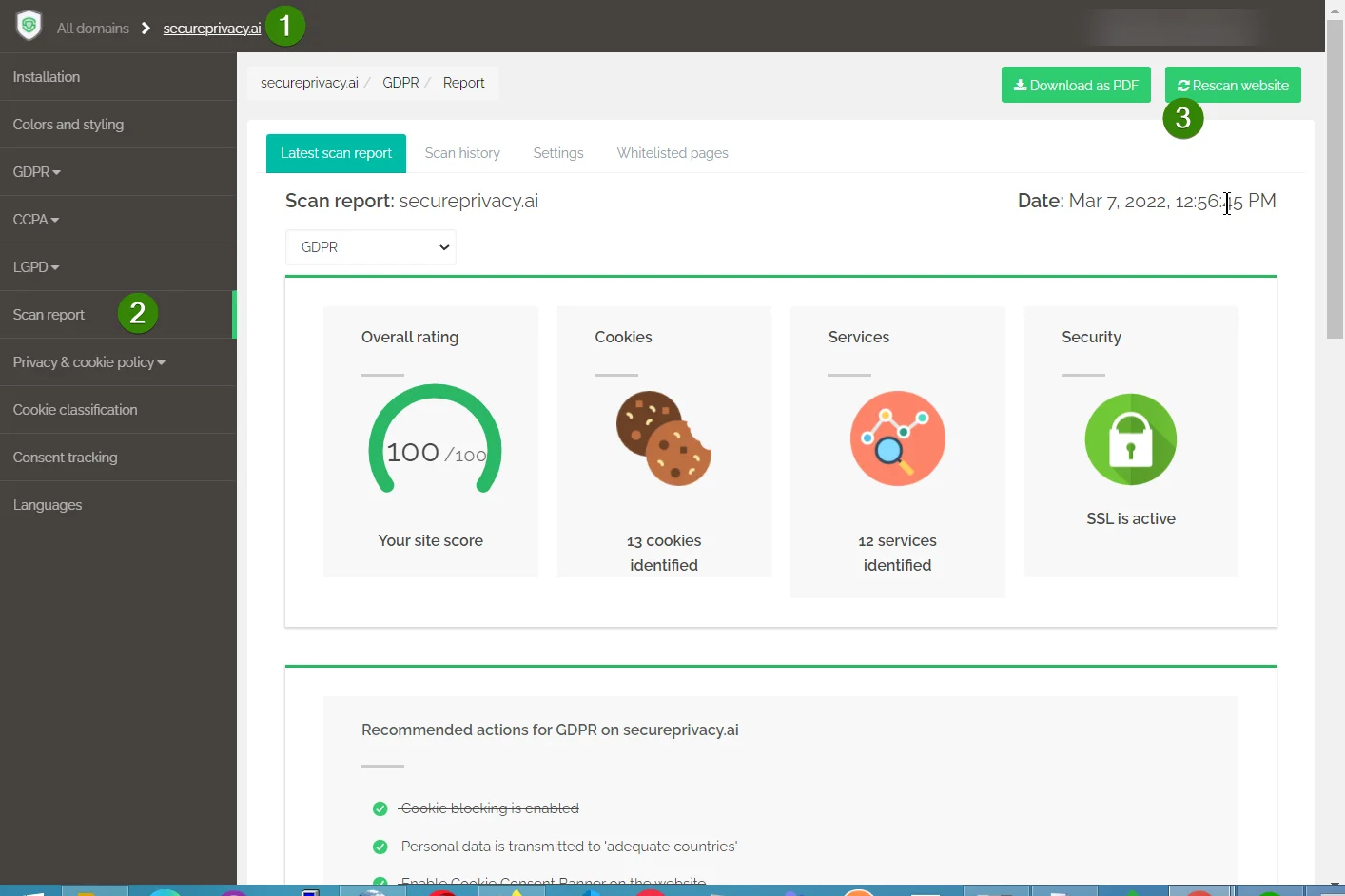 Secure Privacy Scan Report page showing the green Rescan Website button to trigger an updated cookie and service scan