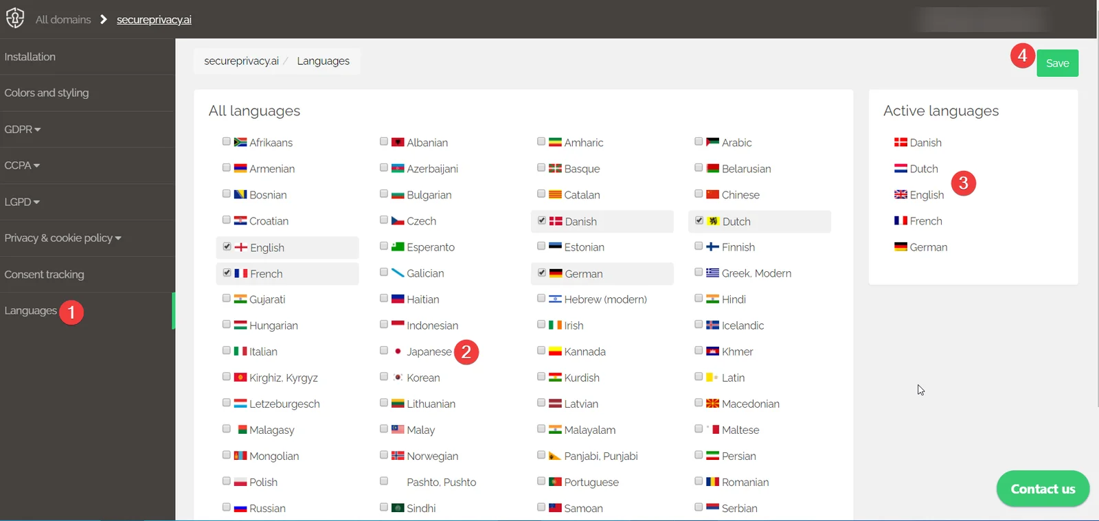 Secure Privacy Language settings page showing language selection list and Active languages panel with Save button
