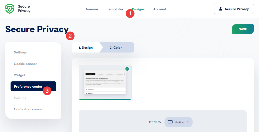 Secure Privacy dashboard showing the Design section in the top toolbar with the Preference Center subsection selected