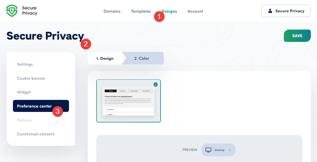 Secure Privacy dashboard showing the Design section in the top toolbar with the Preference Center subsection selected