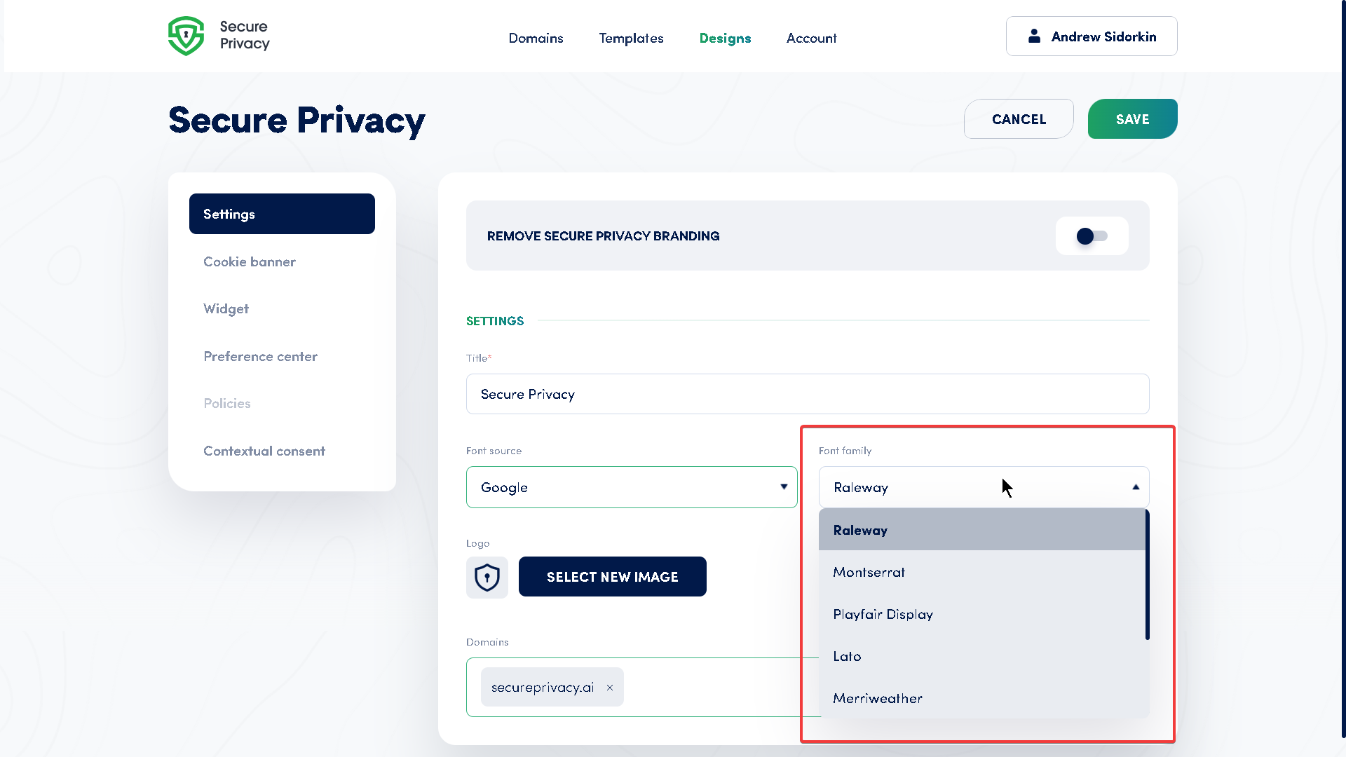 Secure Privacy Design Settings showing Font Source dropdown with System and Google options and Font Family selector