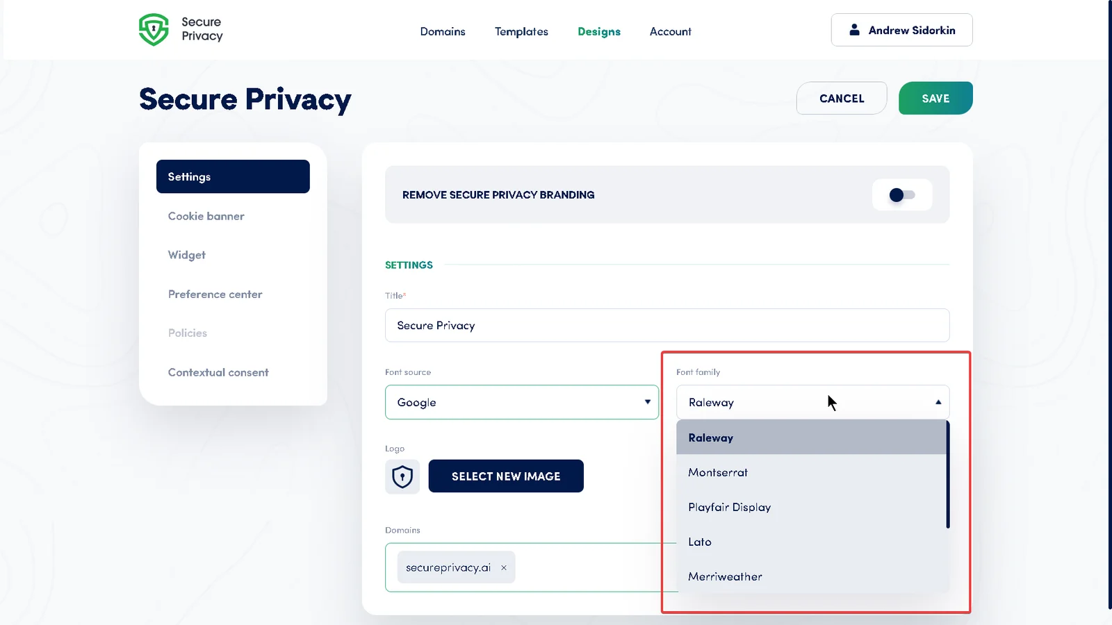 Secure Privacy Design Settings showing Font Source dropdown with System and Google options and Font Family selector