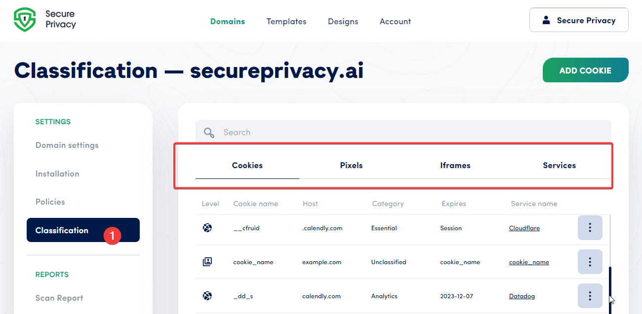 Secure Privacy domain settings page with the Classification tab selected — shows cookies, pixels, iframes, and services