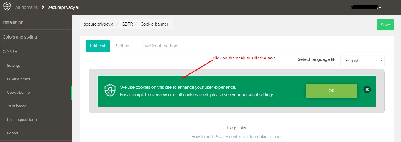 Secure Privacy Cookie Banner Edit Text screen showing editable text sections and language selector