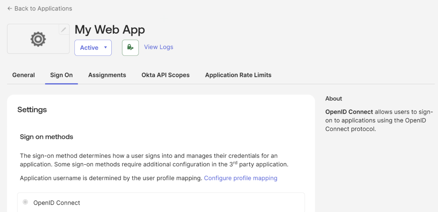 Okta app settings confirming OpenID Connect as the sign-on method