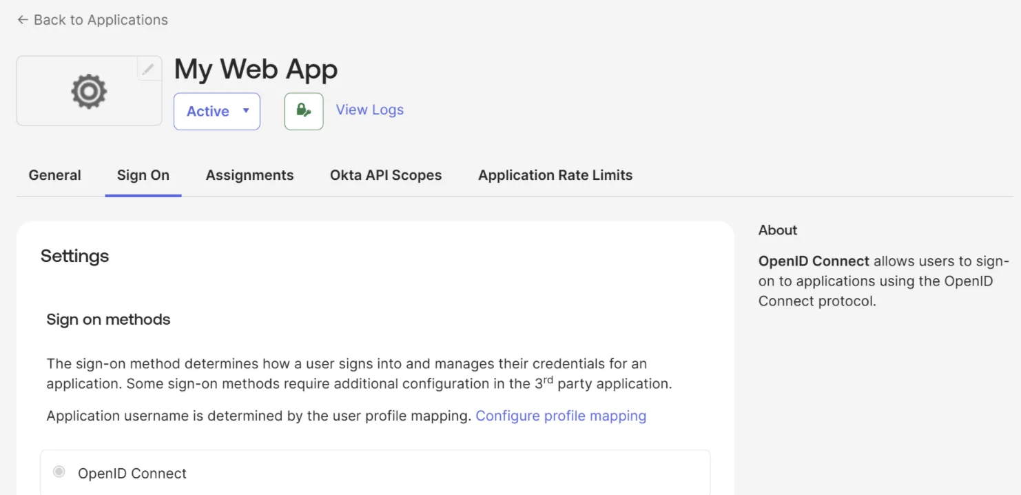 Okta app settings confirming OpenID Connect as the sign-on method