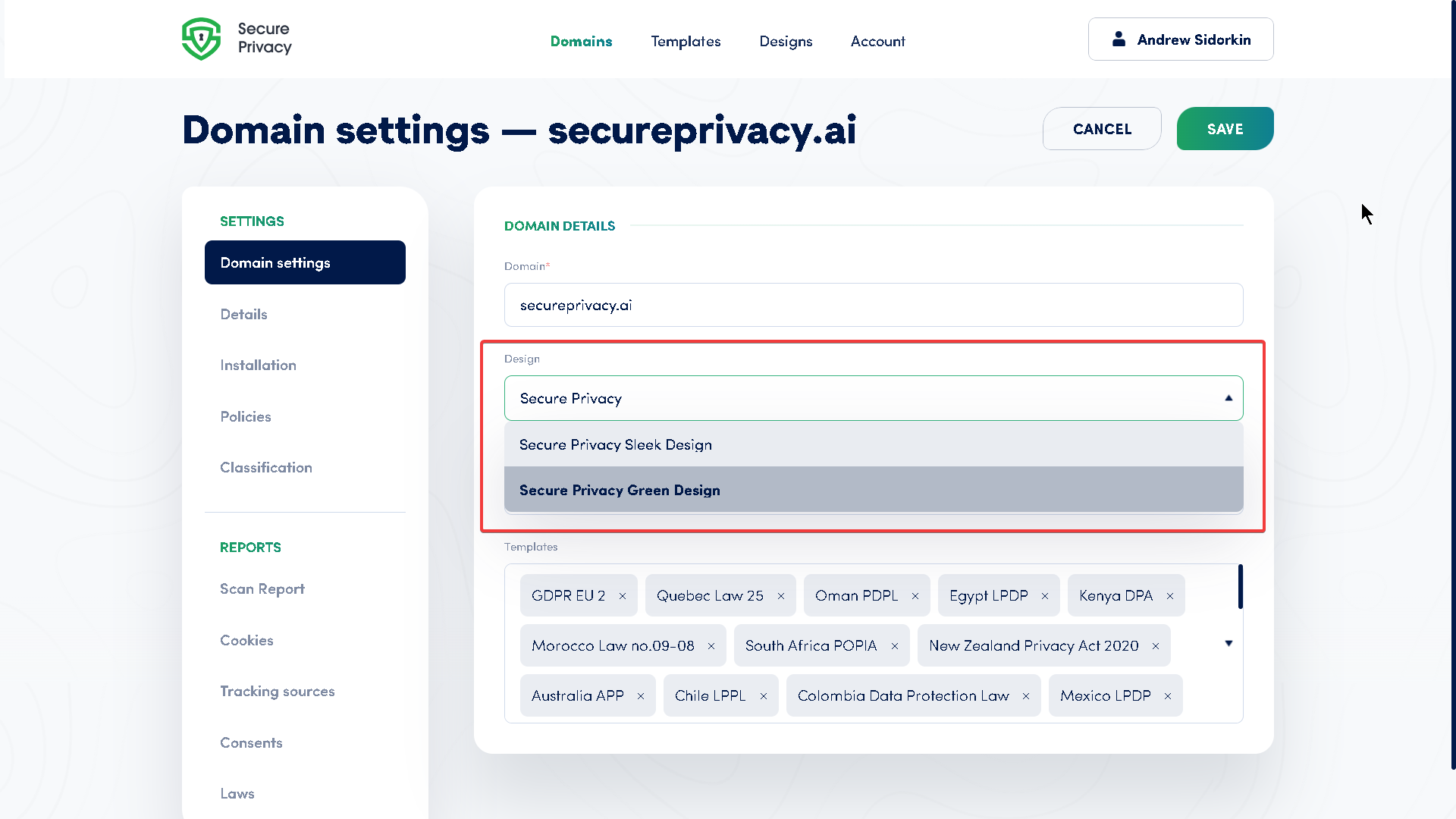 Secure Privacy Domain Settings Design section showing cookie consent banner template assignment and visual customization options