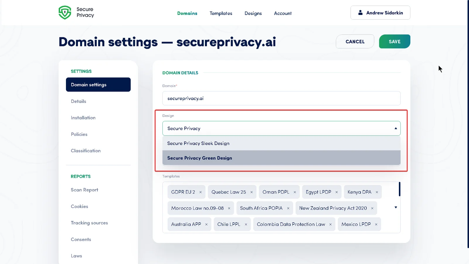 Secure Privacy Domain Settings Design section showing cookie consent banner template assignment and visual customization options