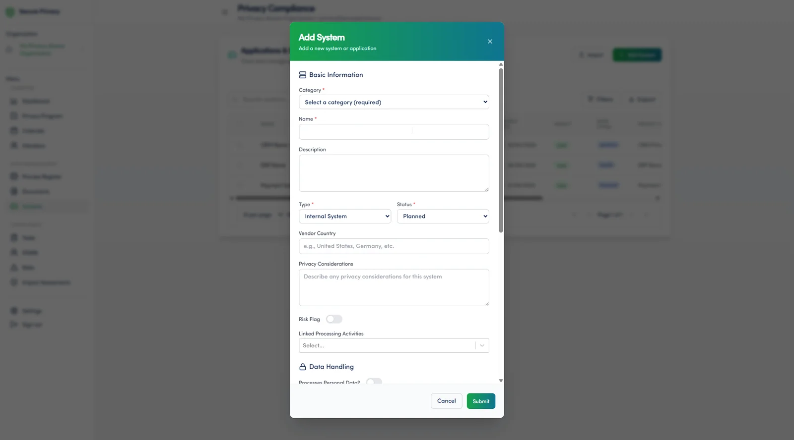 Secure Privacy Systems module form showing system owner, data categories, and data flow mapping fields