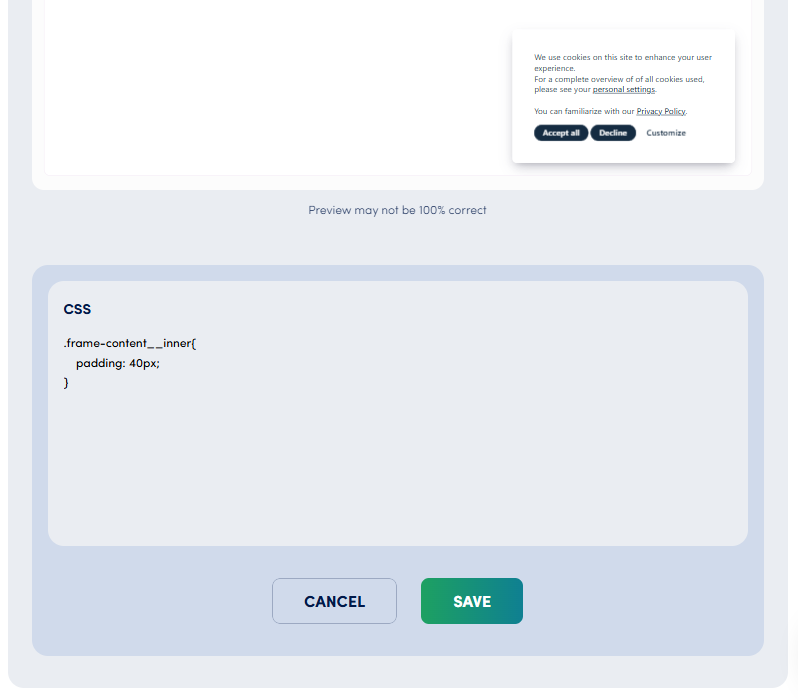 Example of custom CSS applied inside a Secure Privacy cookie banner iframe, targeting button and text elements