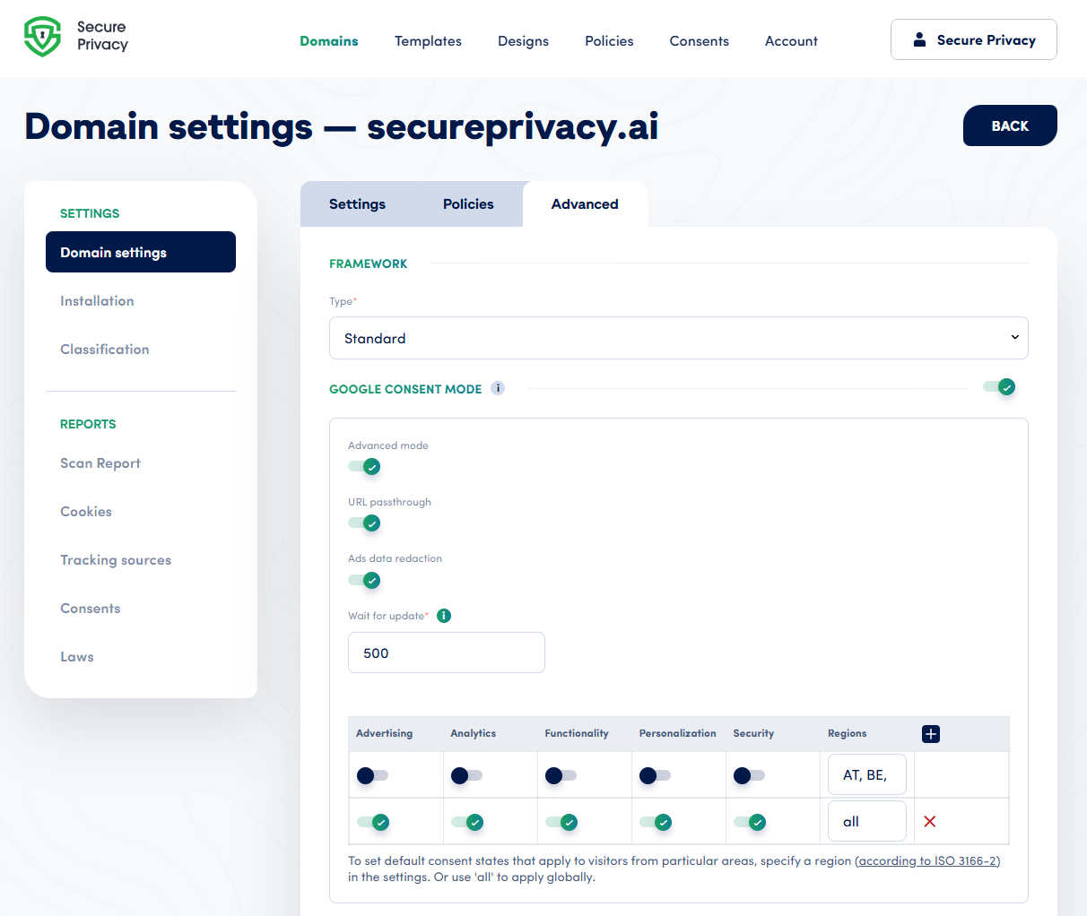 Secure Privacy Google Consent Mode integration diagram showing consent signal flow between the CMP, visitor browser, and Google tag infrastructure