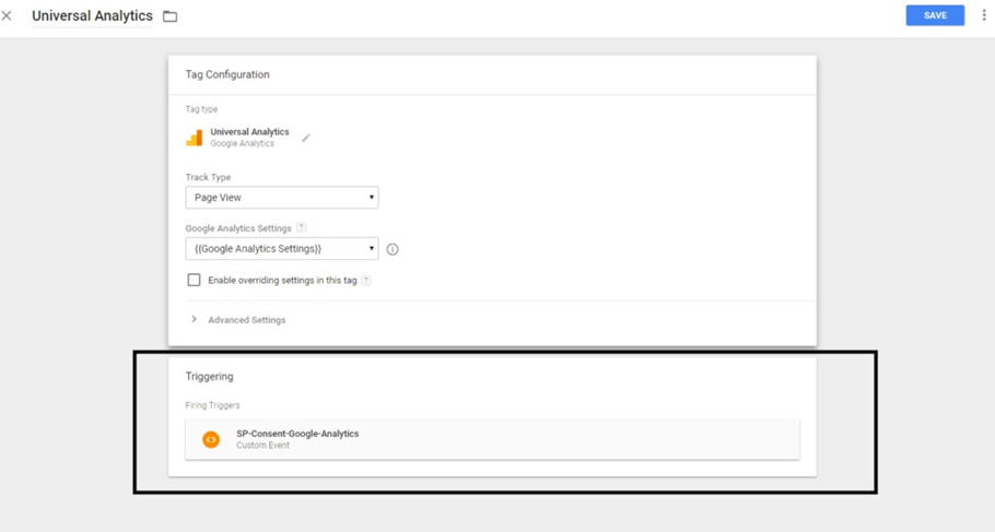 GTM Universal Analytics tag configuration showing SP-Consent-Google-Analytics trigger attached and Google Analytics Settings with Tracking ID field