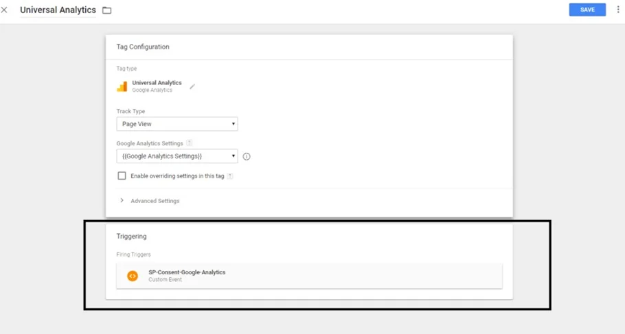 GTM Universal Analytics tag configuration showing SP-Consent-Google-Analytics trigger attached and Google Analytics Settings with Tracking ID field