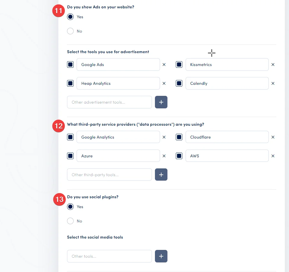 Secure Privacy privacy policy generator showing fields for social plugins, backup practices, and security measures