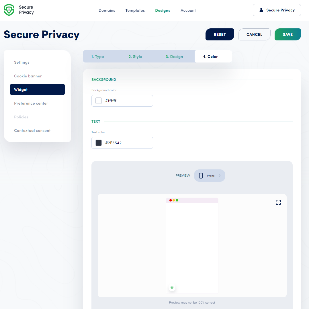 Secure Privacy floating widget advanced design options showing custom logo upload field and Custom CSS text area