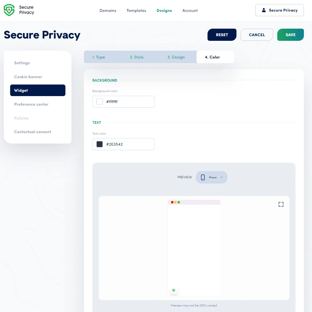 Secure Privacy floating widget advanced design options showing custom logo upload field and Custom CSS text area