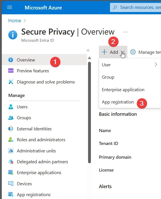 Microsoft Entra ID page showing the Add menu with the App registration option selected to create a new SSO application for Secure Privacy