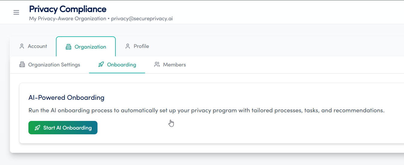 Secure Privacy Governance Solution platform dashboard showing compliance modules and navigation menu
