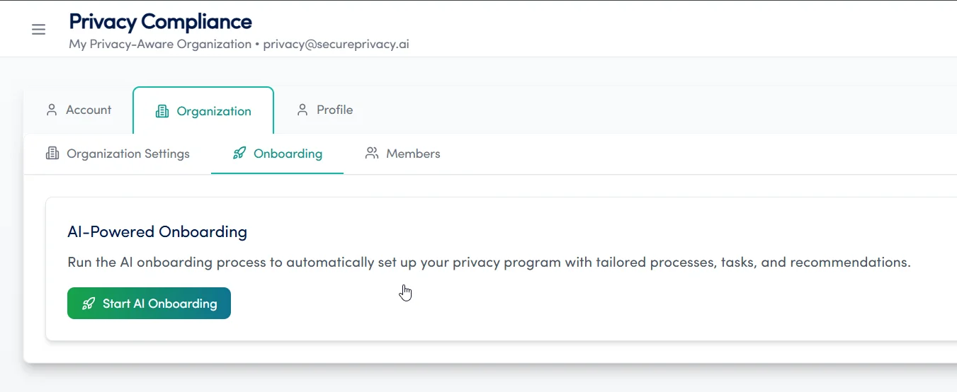 Secure Privacy Governance Solution platform dashboard showing compliance modules and navigation menu