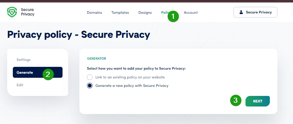 Secure Privacy Policies screen showing the Data Protection Officer toggle with name and email fields for DSAR notification configuration