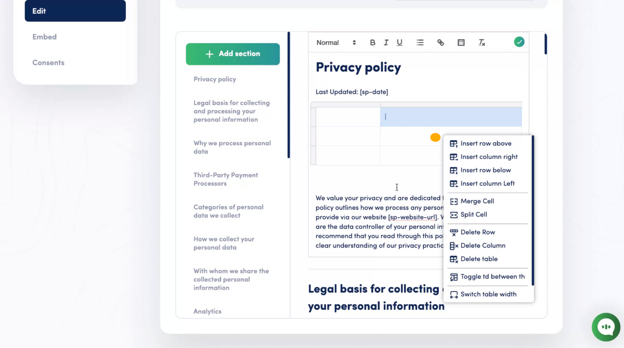 Secure Privacy Policy Editor showing a right-click context menu on a table cell with options to insert rows, delete columns, and adjust table properties