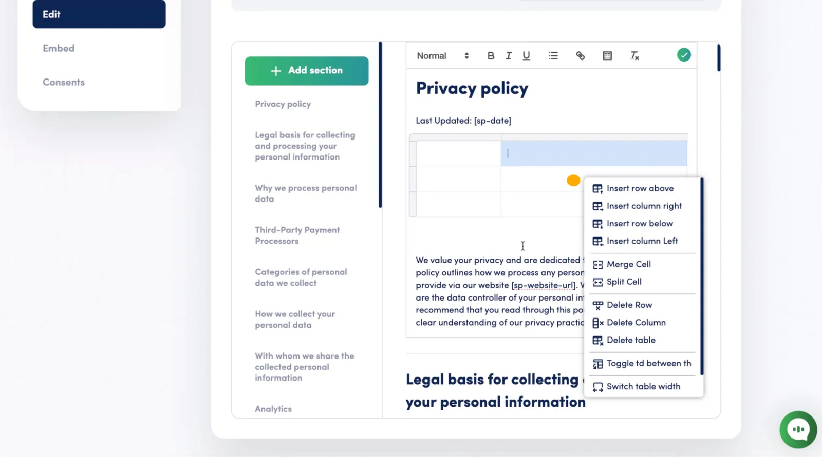 Secure Privacy Policy Editor showing a right-click context menu on a table cell with options to insert rows, delete columns, and adjust table properties