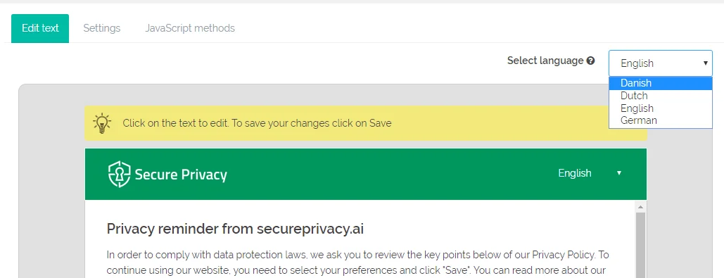 Secure Privacy GDPR settings showing saved active languages visible in the language selector after configuration