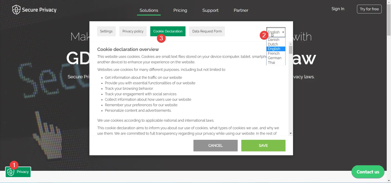 Privacy and Cookie Center modal pop-up displayed on a website showing Cookie Declaration tab and Language selector for visitors