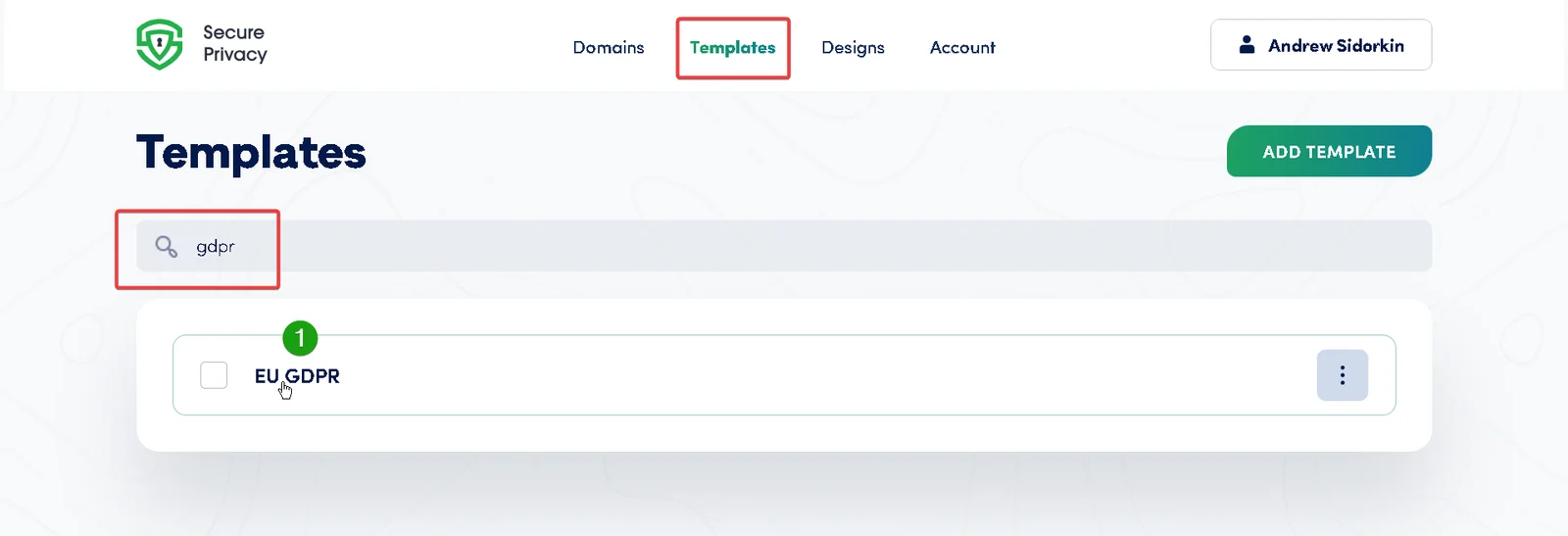 Secure Privacy dashboard with Templates page selected in top navigation
