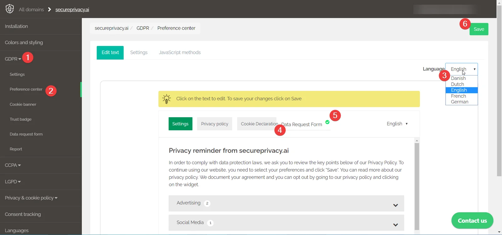 Secure Privacy Preference Center Edit Text tab showing Data Request Form tab title field with language selector and green tick to apply changes