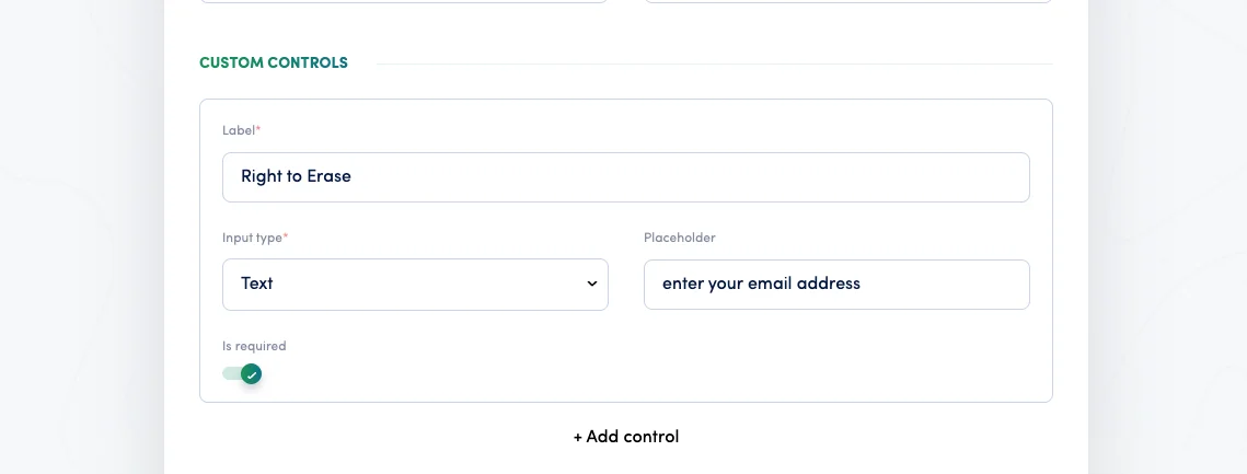 Secure Privacy DSAR form editor showing Right to Erase custom field configuration with label, input type, and placeholder settings
