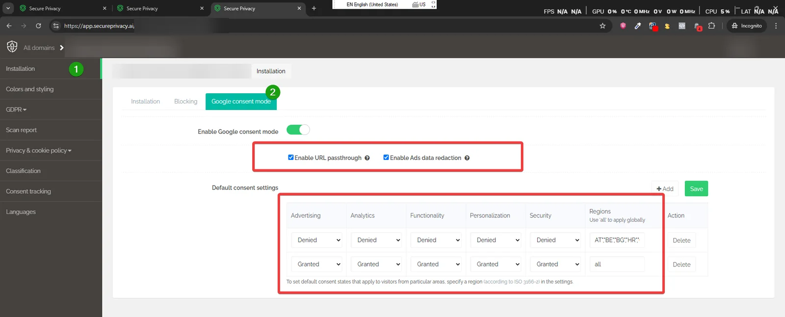 Secure Privacy Google Consent Mode settings tab showing GCM configuration options including Advanced mode toggle