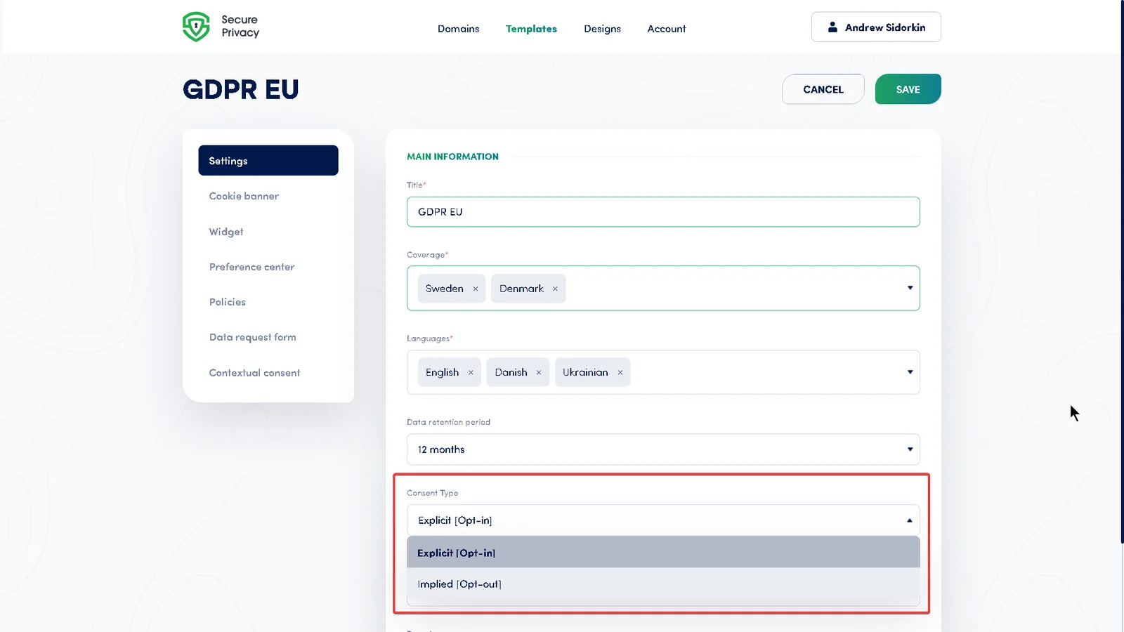 Secure Privacy consent type settings showing explicit opt-in and implicit opt-out options