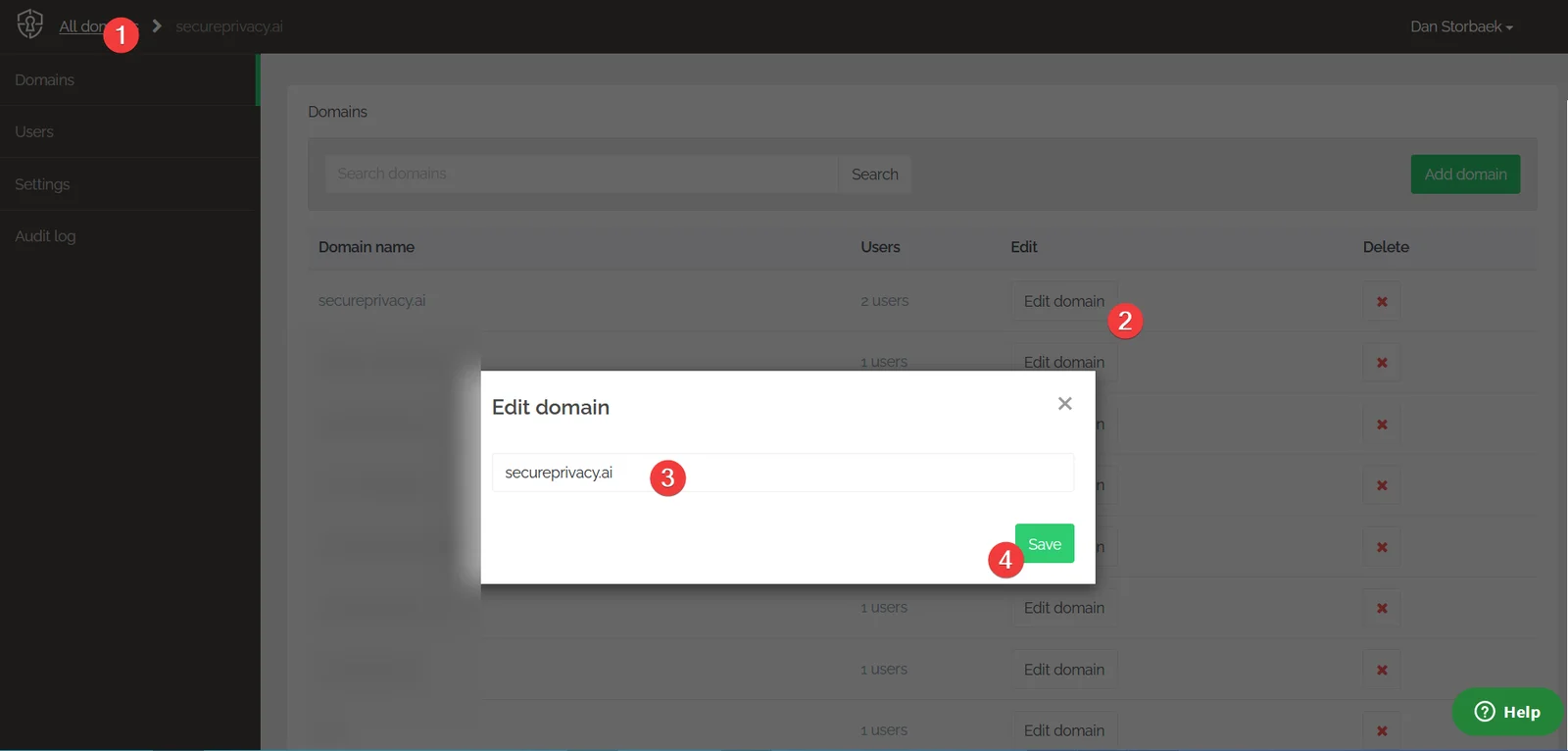 Secure Privacy All Domains page showing the Edit domain button for updating a domain URL in the dashboard