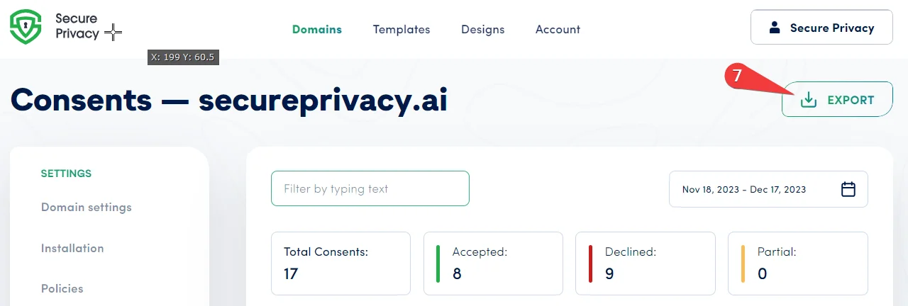 Secure Privacy Consent Dashboard Export button for downloading full consent record data to a CSV file