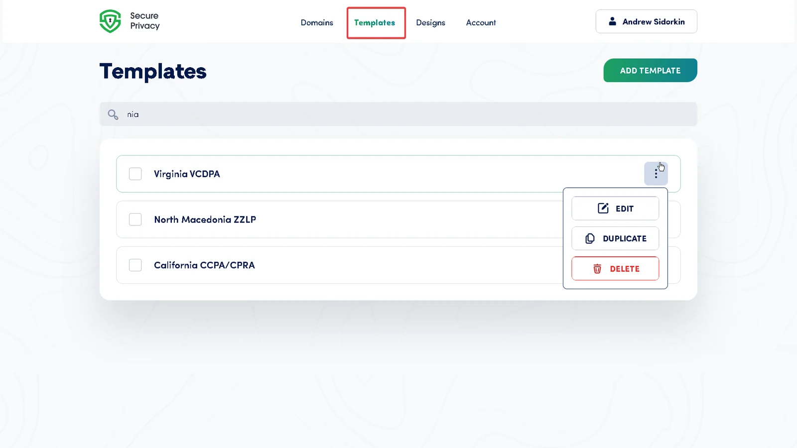 Secure Privacy dashboard showing the Templates navigation tab