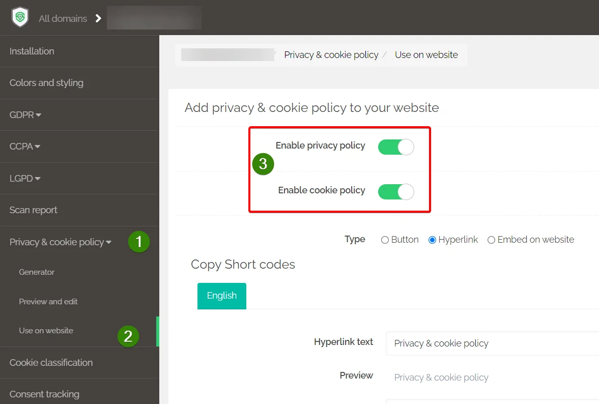 Secure Privacy account settings showing Privacy Policy enable option for displaying privacy policy on website