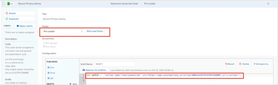 Tealium iQ Advanced JavaScript Code extension configuration showing the title set to Secure Privacy, scope set to Pre Loader, and the Secure Privacy script pasted in the code field