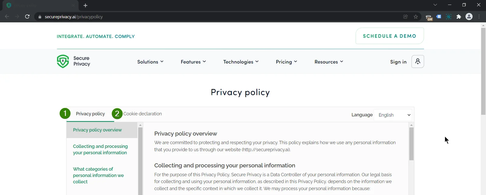 Secure Privacy settings showing Privacy Policy and Cookie Declaration enable options for website compliance