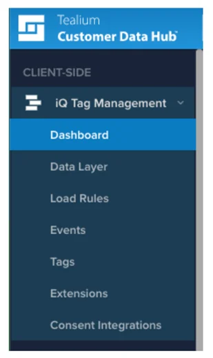 Tealium iQ Tag Management menu with the Extensions option highlighted in the left navigation